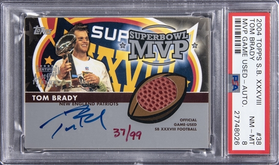 2004 Topps Super Bowl XXXVIII MVP Game Used Autograph #38 Tom Brady Signed Relic Card (#37/99) - PSA NM-MT 8